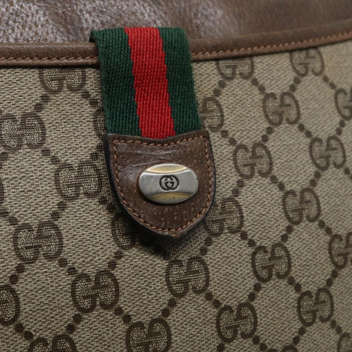 GUCCI GG Canvas Web Sherry Line Shoulder Bag PVC Leather Beige Green fm3586