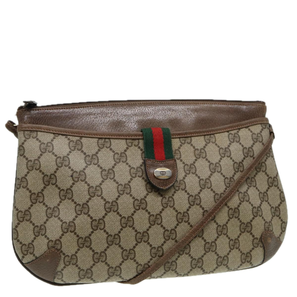 GUCCI GG Canvas Web Sherry Line Shoulder Bag PVC Leather Beige Green fm3586