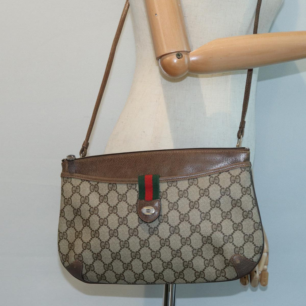 GUCCI GG Canvas Web Sherry Line Shoulder Bag PVC Leather Beige Green fm3586