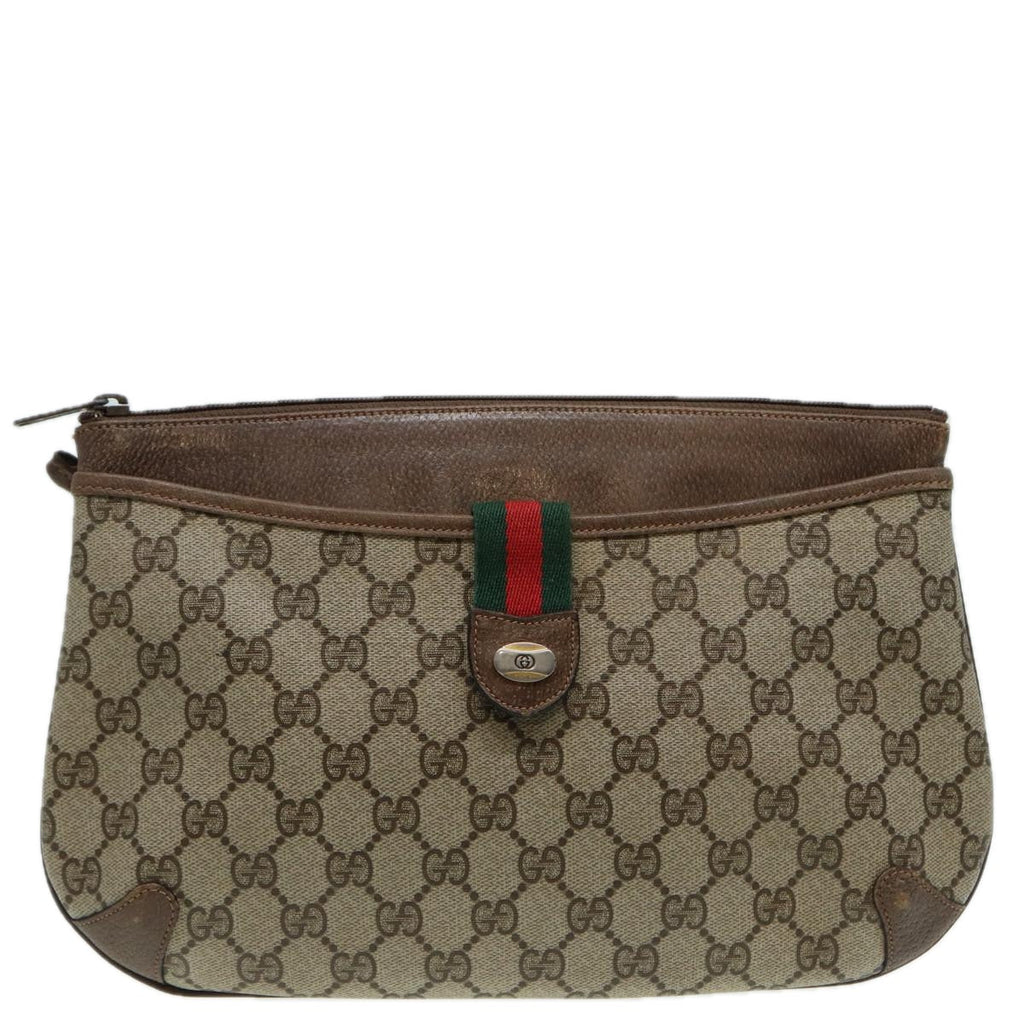 GUCCI GG Canvas Web Sherry Line Shoulder Bag PVC Leather Beige Green fm3586