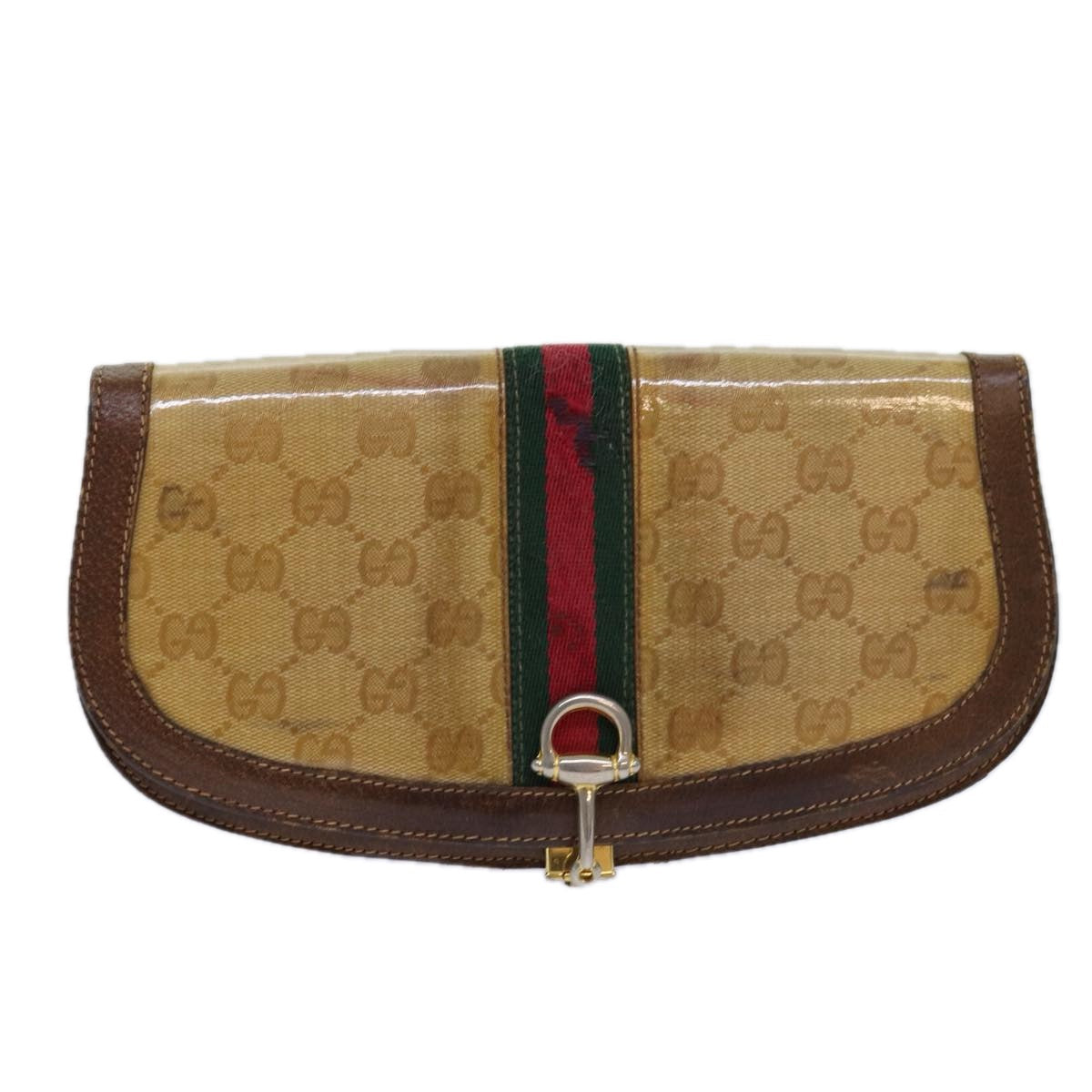 GUCCI GG Canvas Web Sherry Line Clutch Bag Beige Red Green fm3664