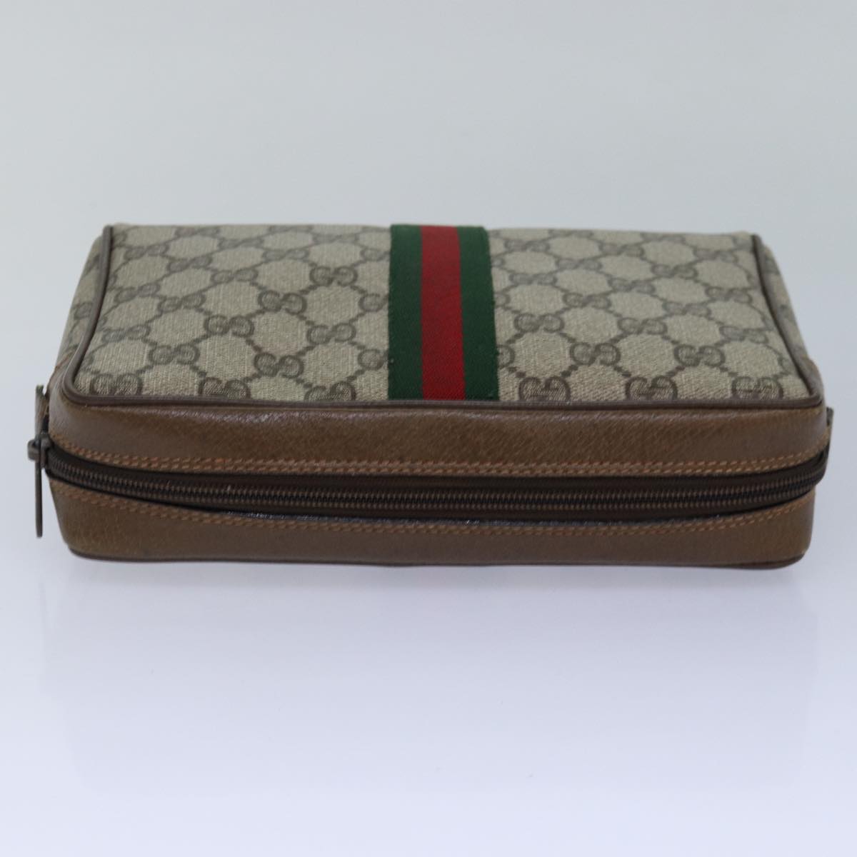 GUCCI GG Canvas Web Sherry Line Clutch Bag PVC Beige Green Red fm3694