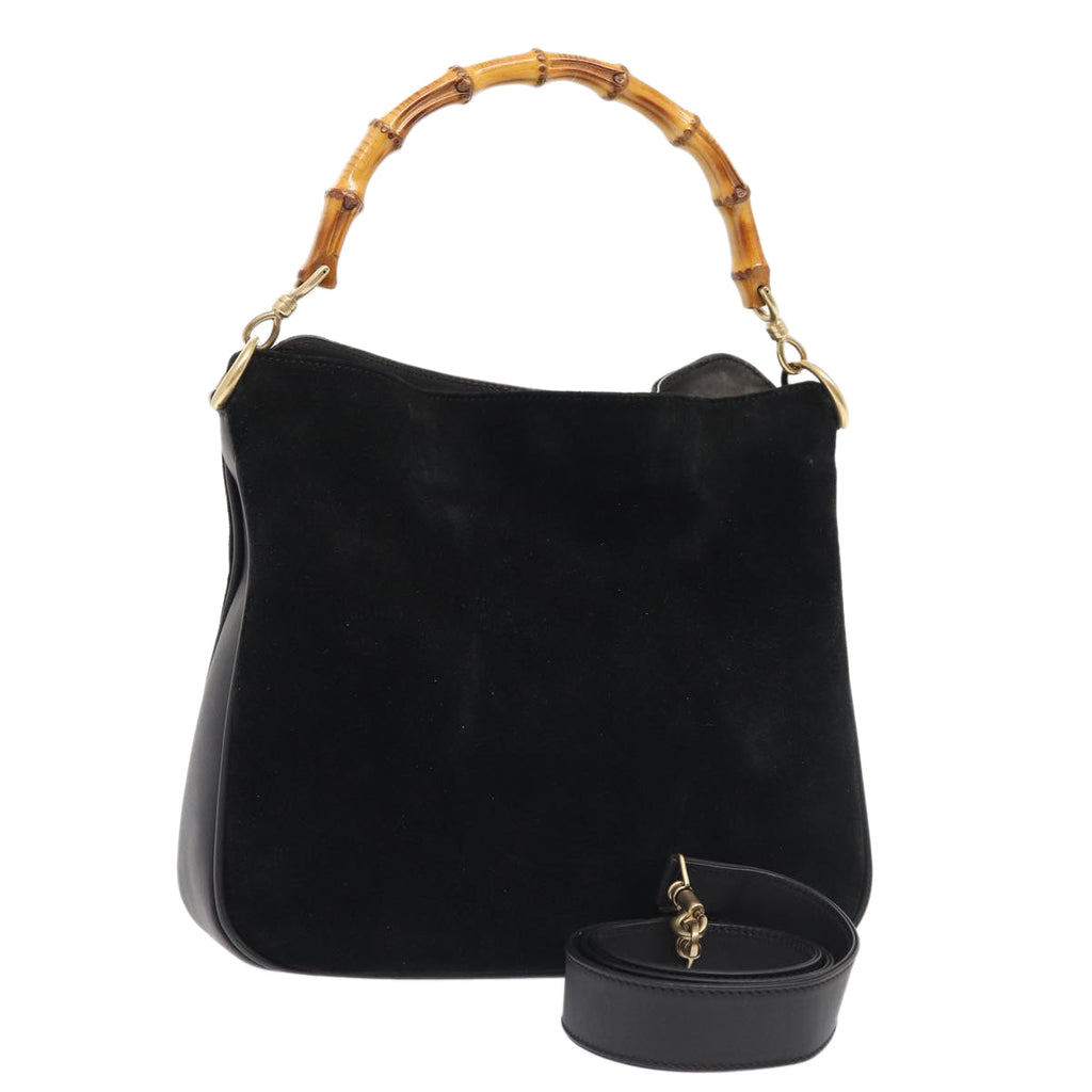 GUCCI Bamboo Hand Bag Suede 2way Black Gold 001 2058 1638 0 fm3712