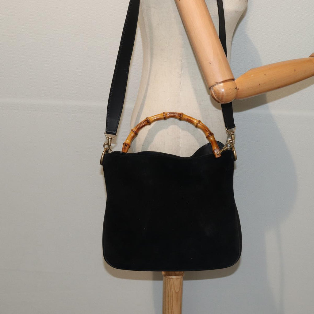 GUCCI Bamboo Hand Bag Suede 2way Black Gold 001 2058 1638 0 fm3712