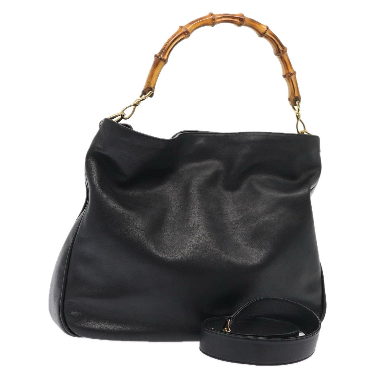 GUCCI Bamboo Shoulder Bag Leather 2way Black Gold 001 1577 200047 fm3713