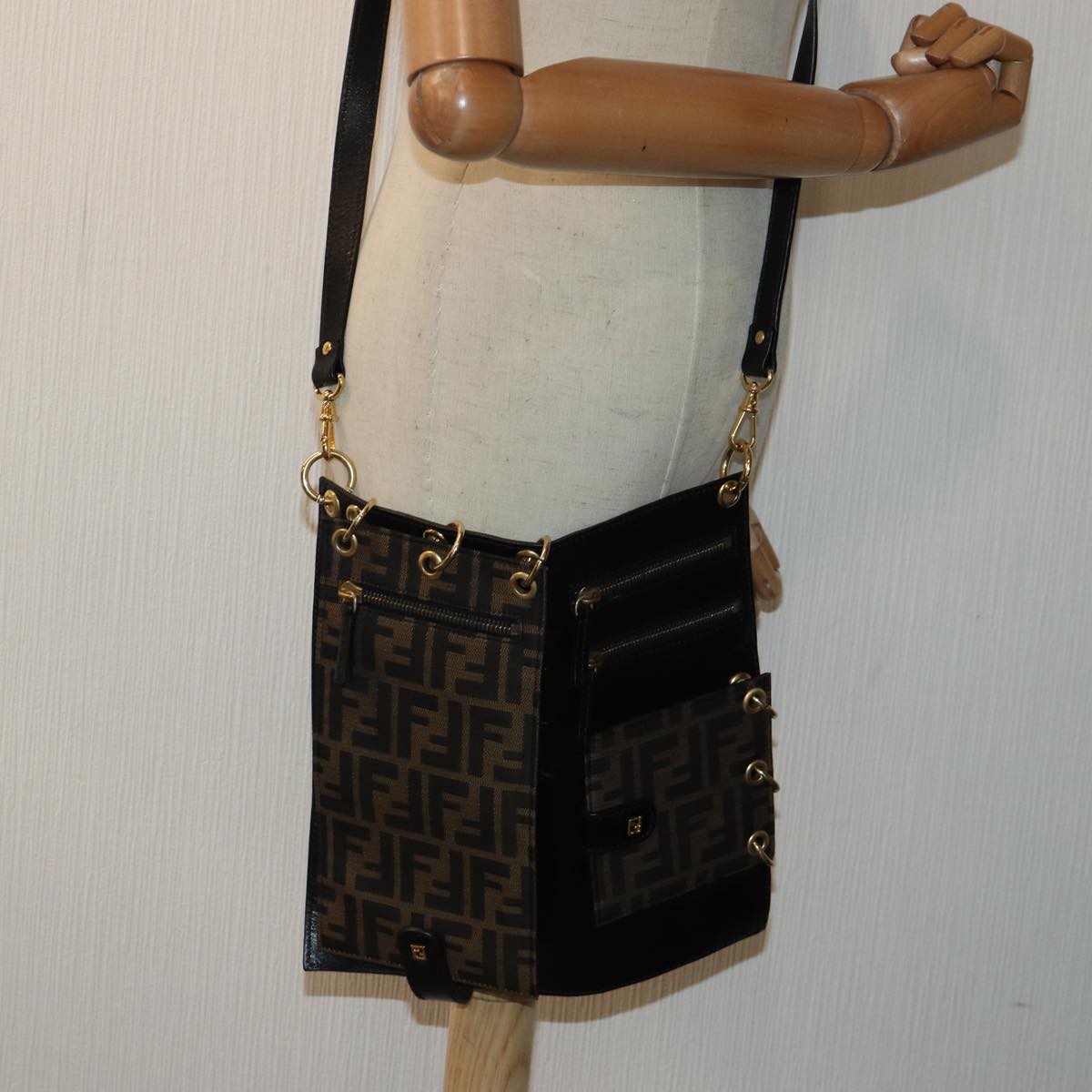 FENDI Zucca Canvas Shoulder Bag Leather Black Gold fm3729