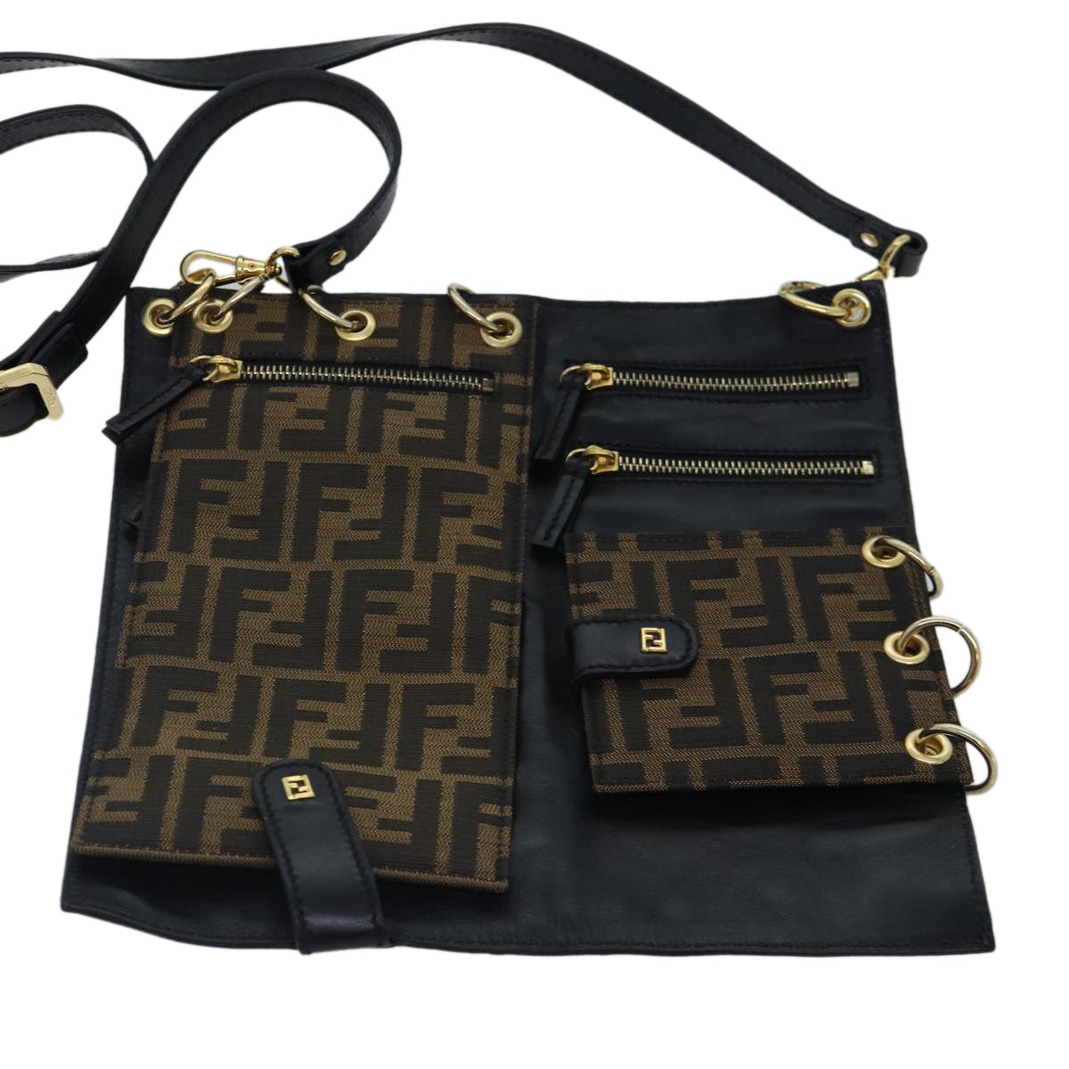 FENDI Zucca Canvas Shoulder Bag Leather Black Gold fm3729