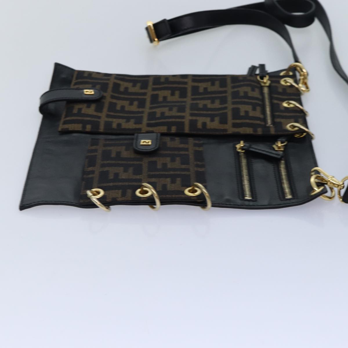 FENDI Zucca Canvas Shoulder Bag Leather Black Gold fm3729