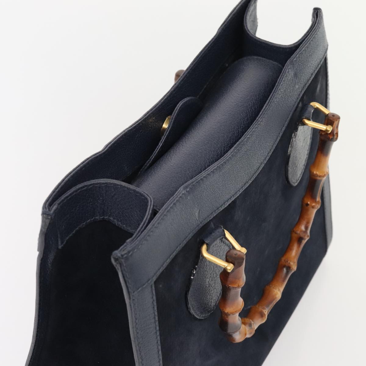 GUCCI Bamboo Hand Bag Suede Leather Navy Gold 002 123 0260 fm3740