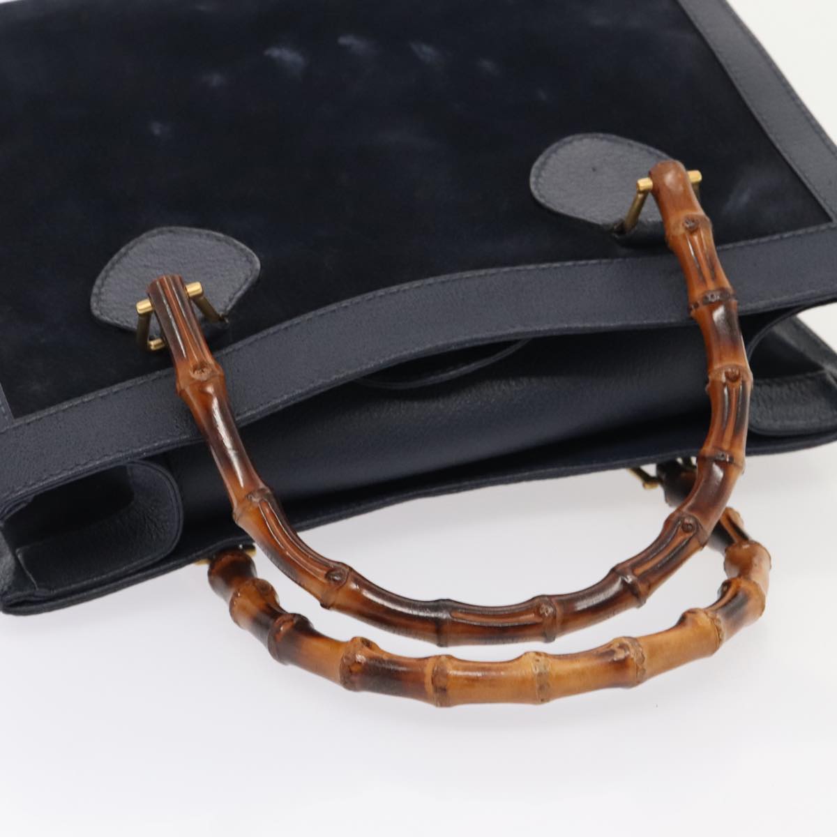 GUCCI Bamboo Hand Bag Suede Leather Navy Gold 002 123 0260 fm3740
