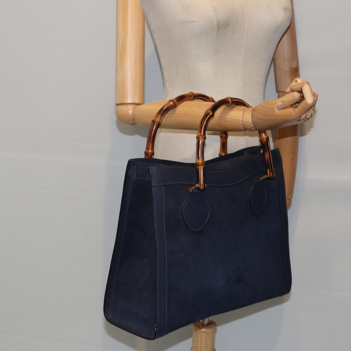 GUCCI Bamboo Hand Bag Suede Leather Navy Gold 002 123 0260 fm3756