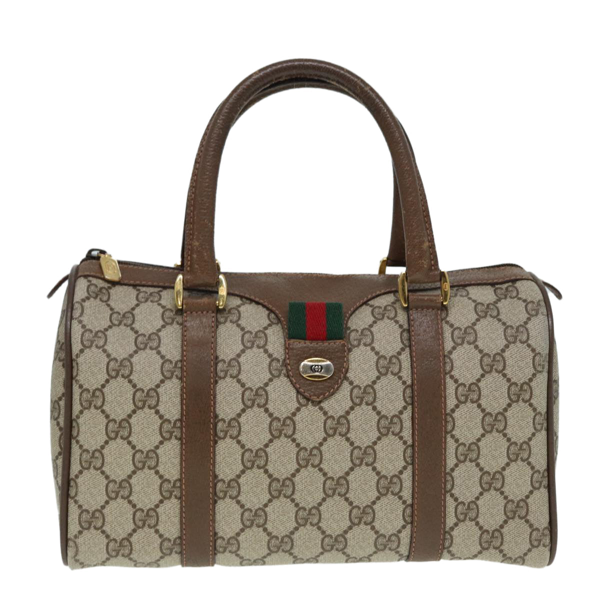 GUCCI GG Supreme Web Sherry Line Boston Bag PVC Beige Gold 39 02 006 fm3791