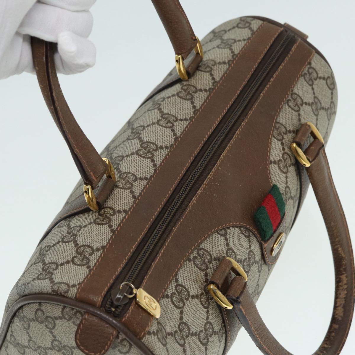 GUCCI GG Supreme Web Sherry Line Boston Bag PVC Beige Gold 39 02 006 fm3791