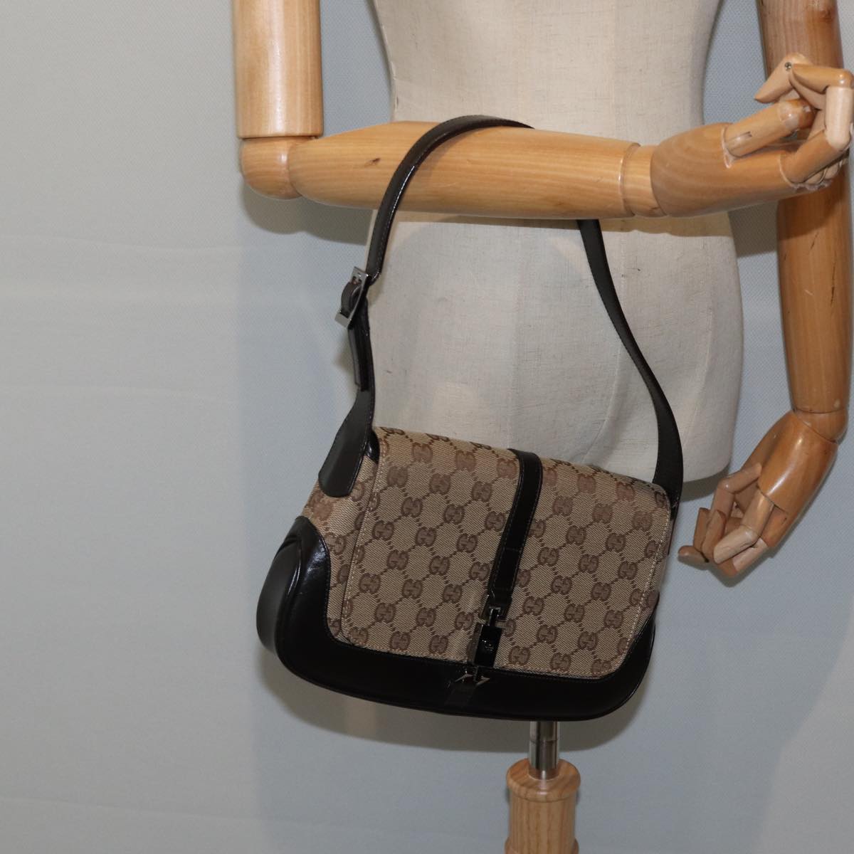 GUCCI Jackie GG Canvas Shoulder Bag Beige Silver 001 3824 fm3794