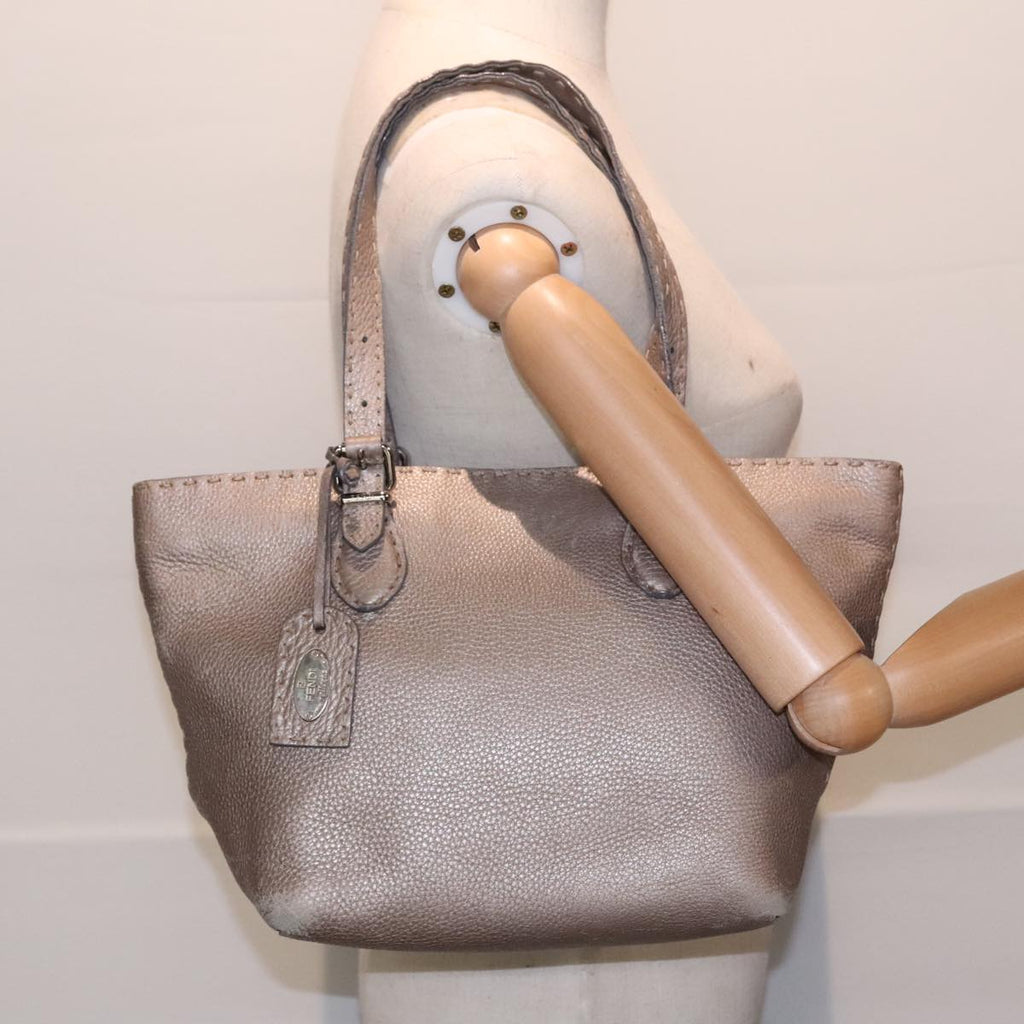 FENDI Celeria Tote Bag Leather Silver Silver Tone fm3806