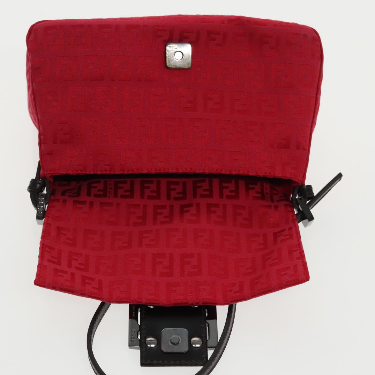 FENDI Zucchino Canvas Mini Mamma Baguette Shoulder Bag Red Silver fm3971A