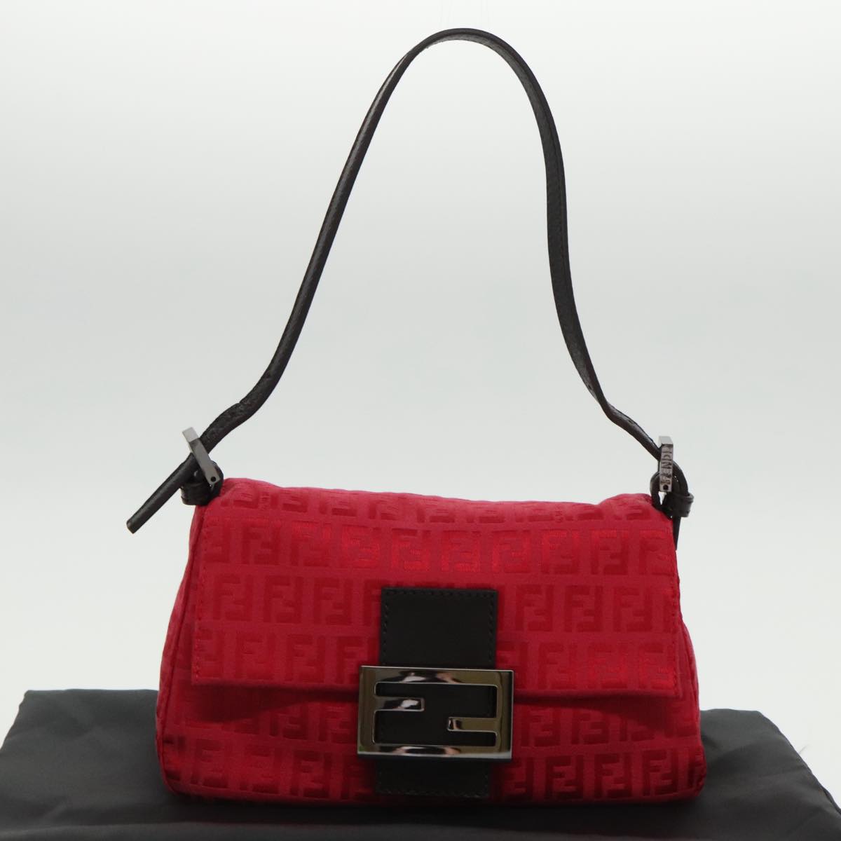 FENDI Zucchino Canvas Mini Mamma Baguette Shoulder Bag Red Silver fm3971A