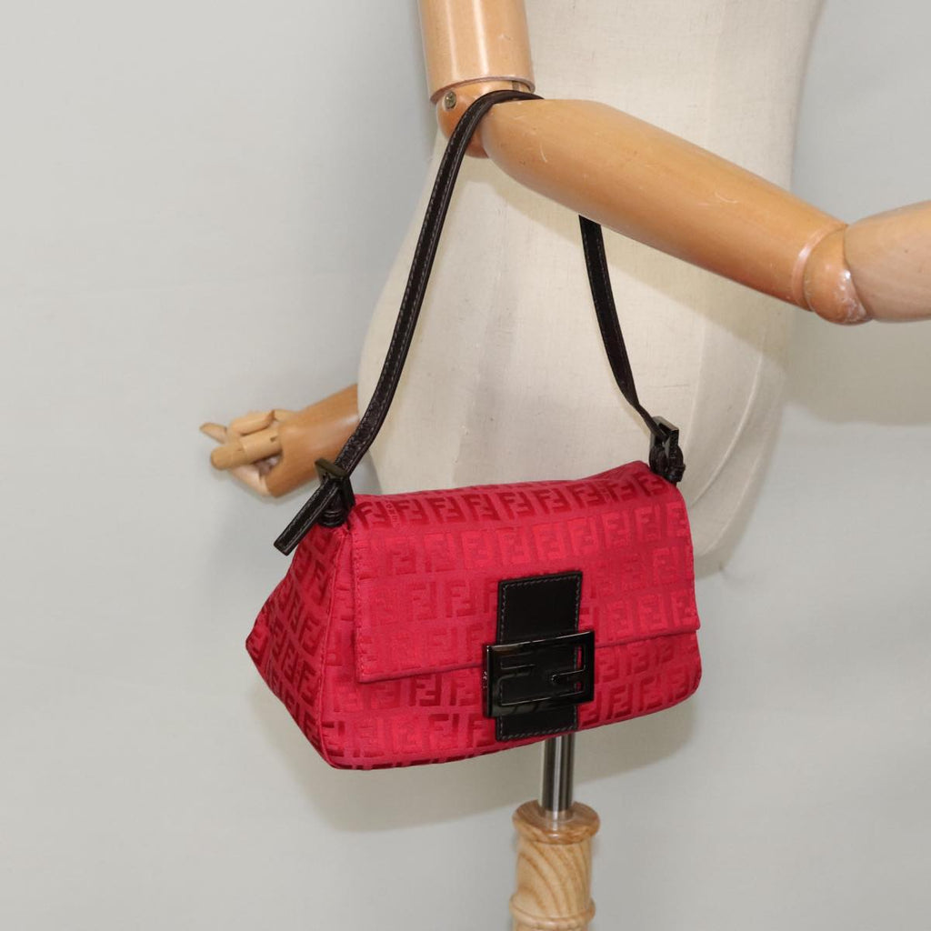 FENDI Zucchino Canvas Mini Mamma Baguette Shoulder Bag Red Silver fm3971A