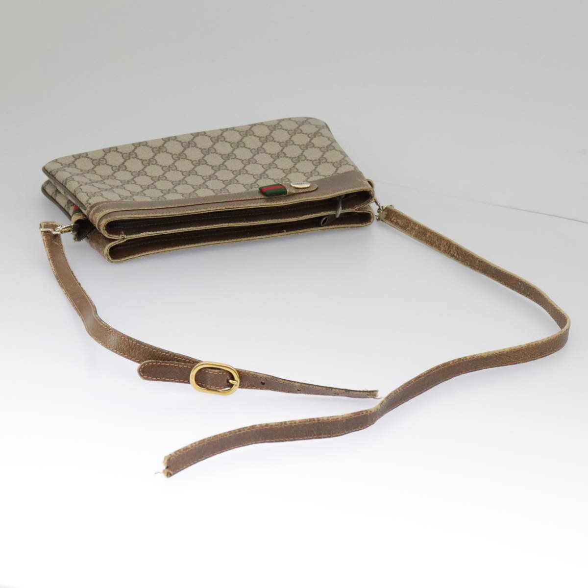 GUCCI GG Supreme Web Sherry Line Shoulder Bag PVC Leather Beige Red fm4067