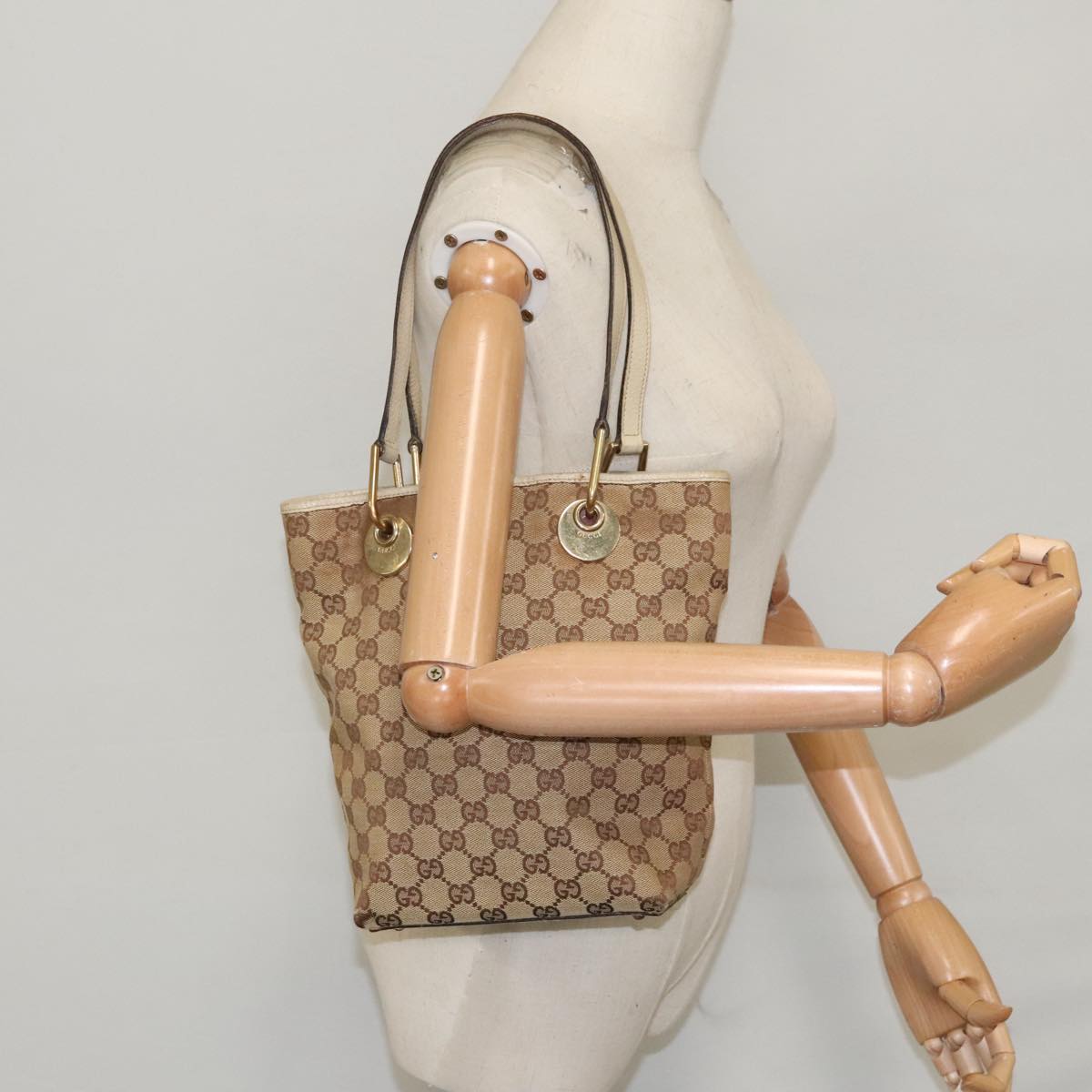GUCCI GG Canvas Tote Bag Beige Gold 120840 fm4073