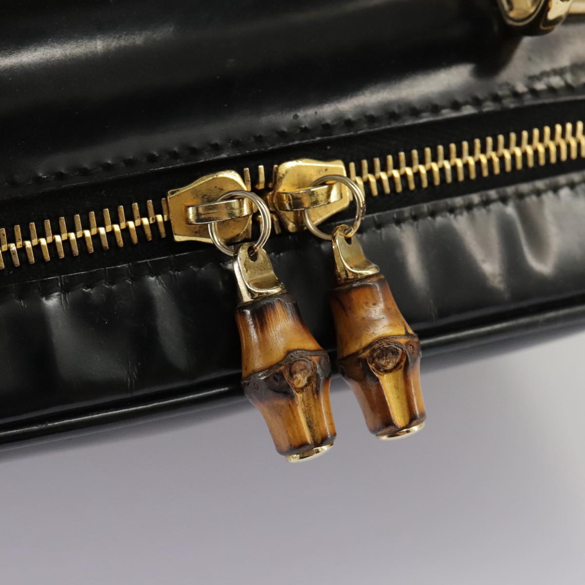 GUCCI Bamboo Hand Bag Patent leather 2way Black Gold 000 270 0323 fm4078