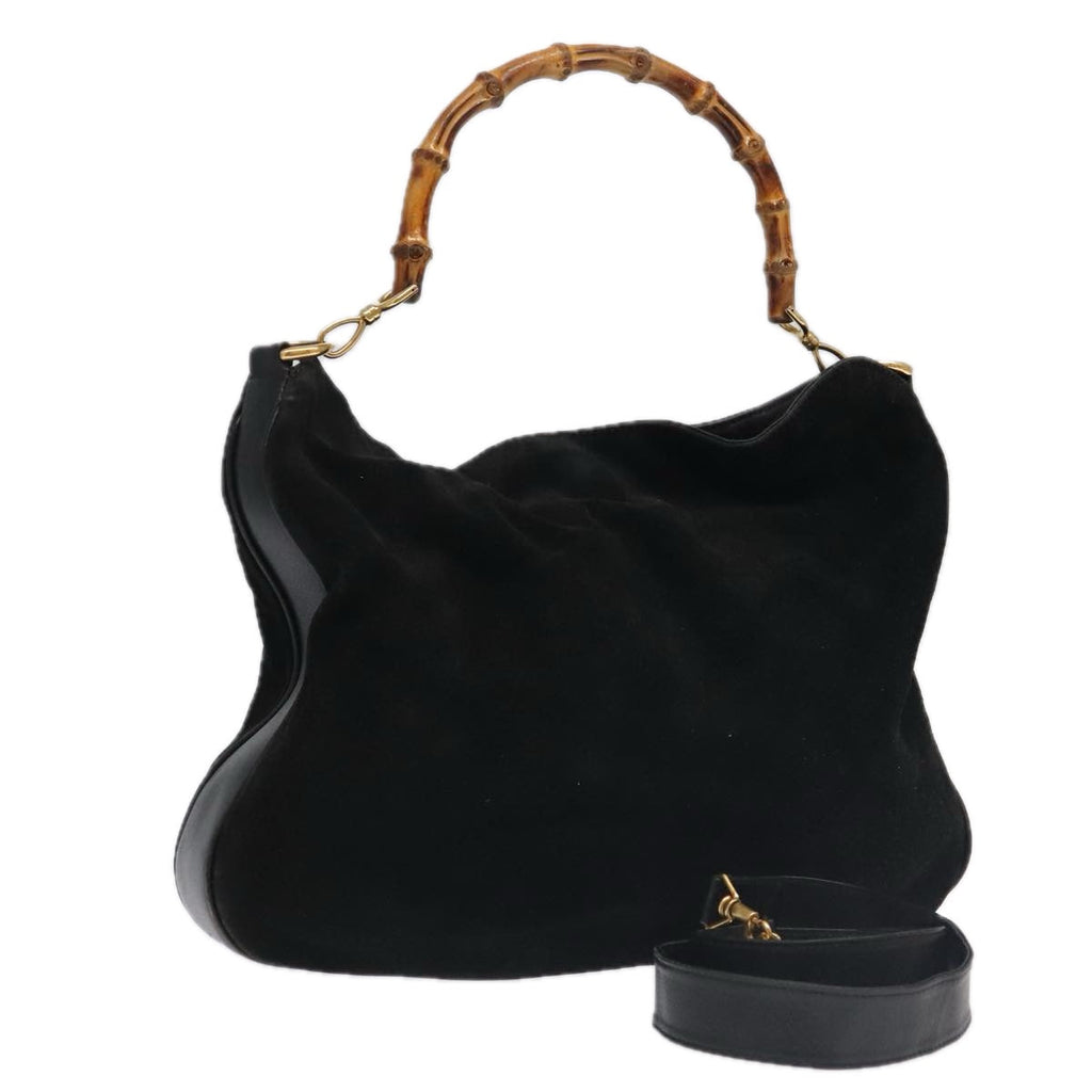 GUCCI Bamboo Hand Bag Suede Leather 2way Black Gold 001 3444 1638 ep6584