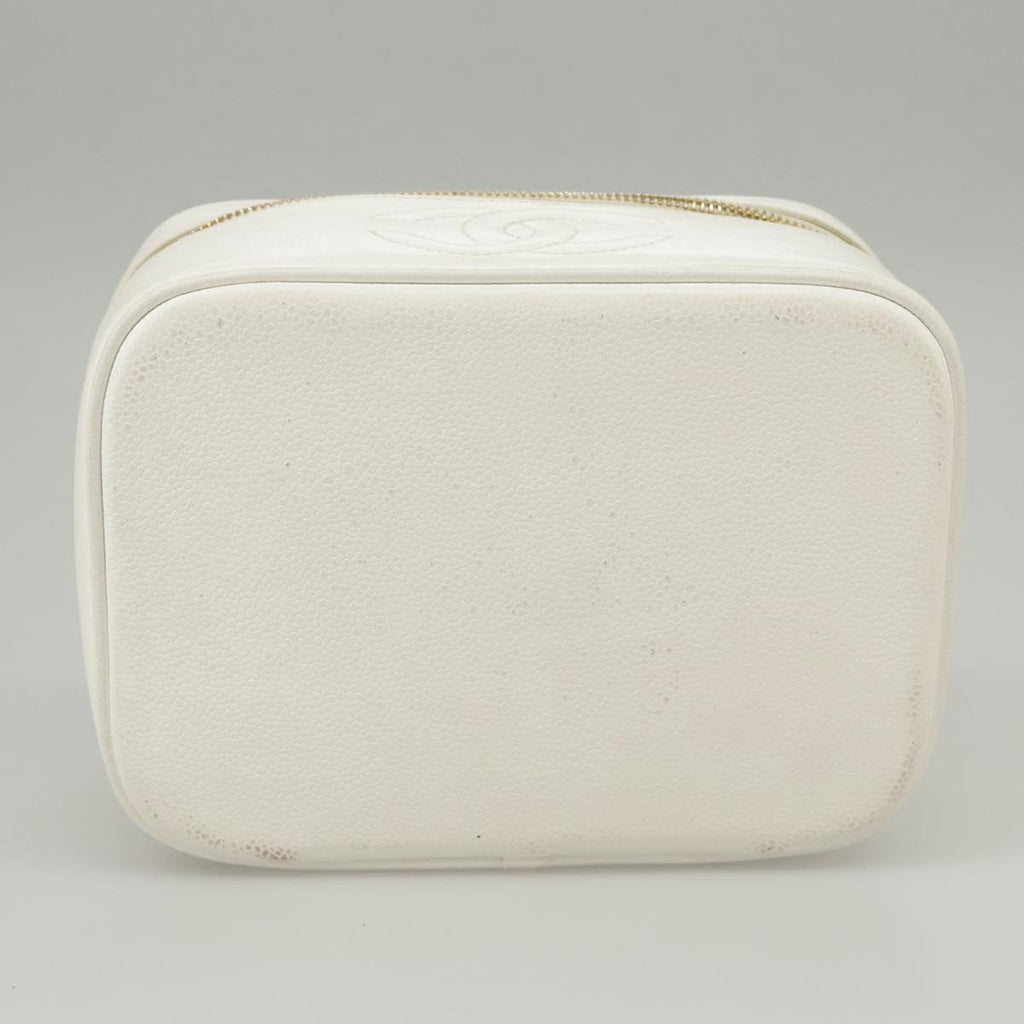 CHANEL COCO Mark vanity Pouch Caviar Skin White Gold CC fm4164