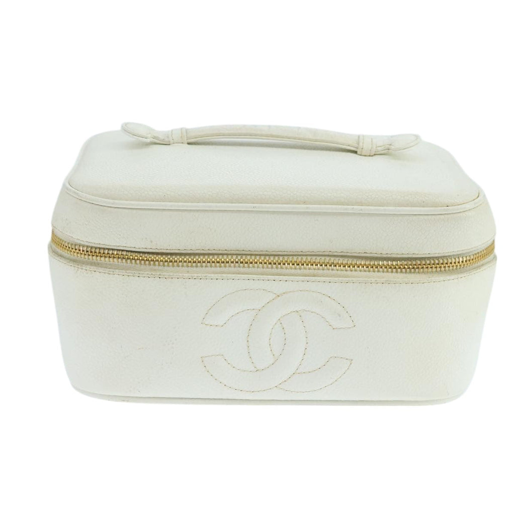 CHANEL Vanity Pouch Caviar Skin White Gold CC fm4190