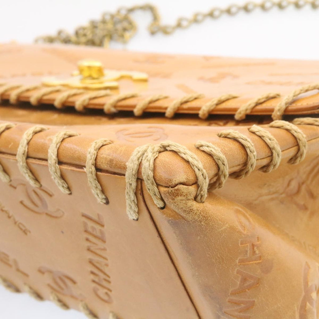 CHANEL Raffia Chain Flap Shoulder Bag Leather Beige CC am1414gA