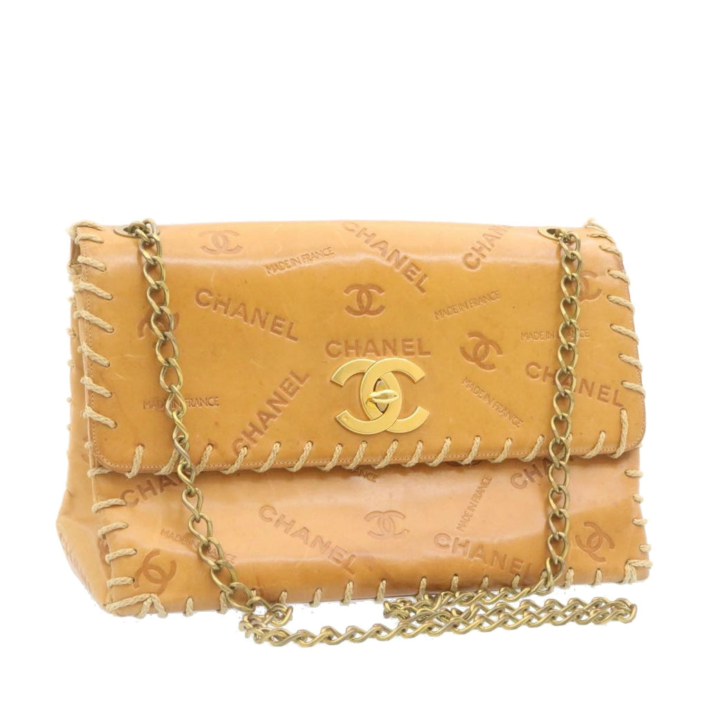 CHANEL Raffia Chain Flap Shoulder Bag Leather Beige CC am1414gA