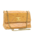 CHANEL Raffia Chain Flap Shoulder Bag Leather Beige CC am1414gA