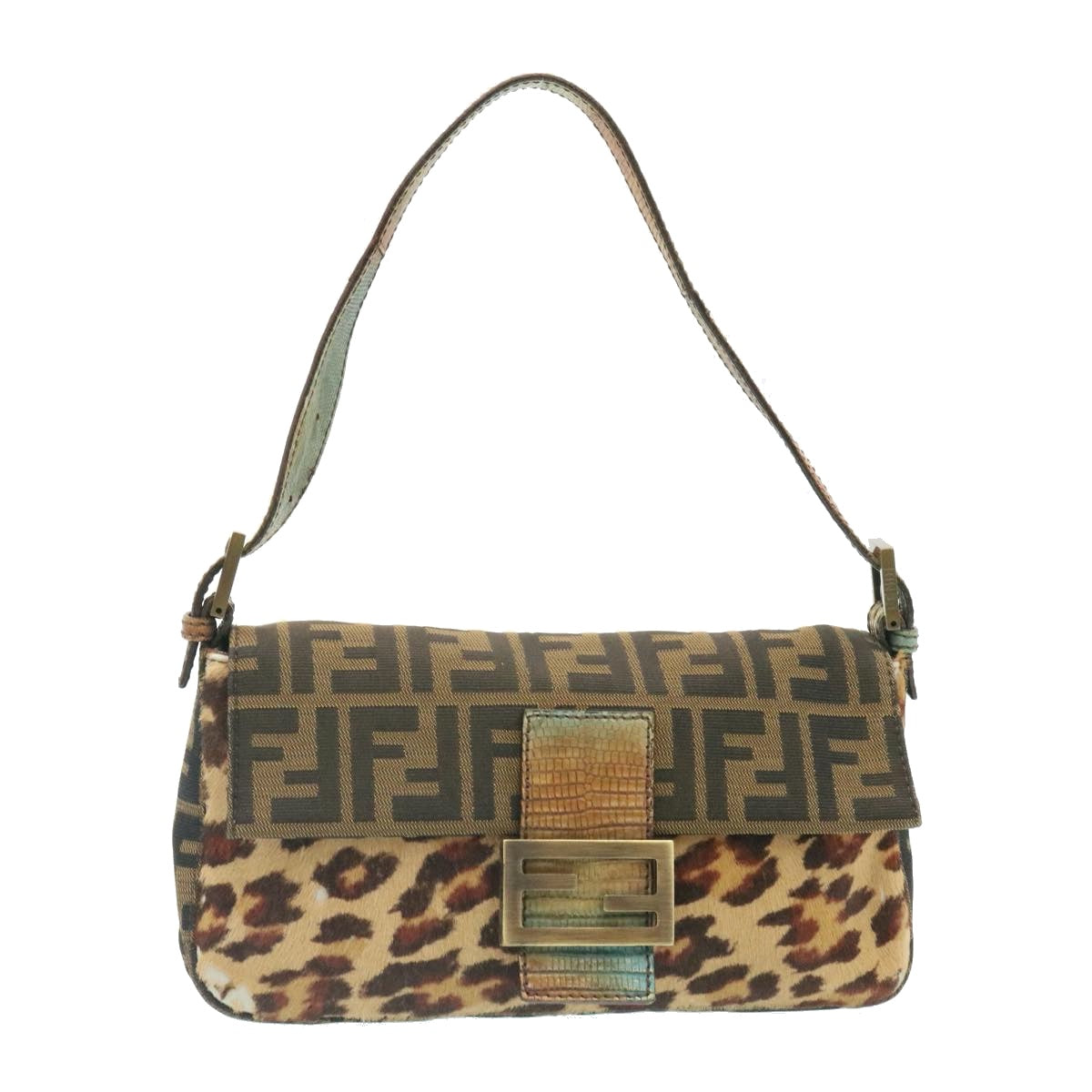 FENDI Zucca Canvas Leopard Mamma Baguette Shoulder Bag Brown Black am1632gA