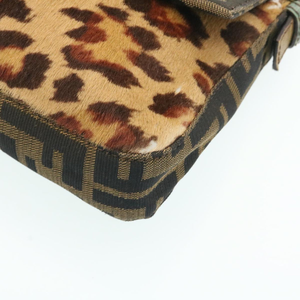 FENDI Zucca Canvas Leopard Mamma Baguette Shoulder Bag Brown Black am1632gA