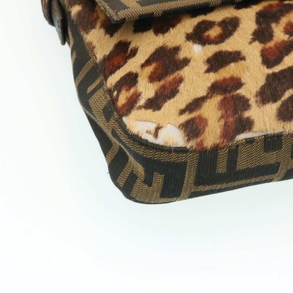 FENDI Zucca Canvas Leopard Mamma Baguette Shoulder Bag Brown Black am1632gA
