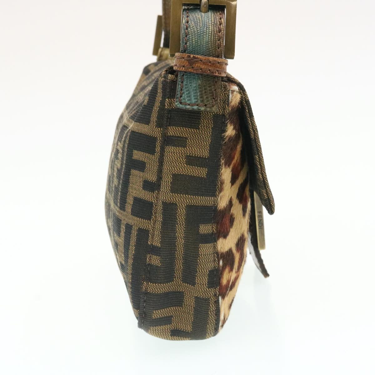 FENDI Zucca Canvas Leopard Mamma Baguette Shoulder Bag Brown Black am1632gA