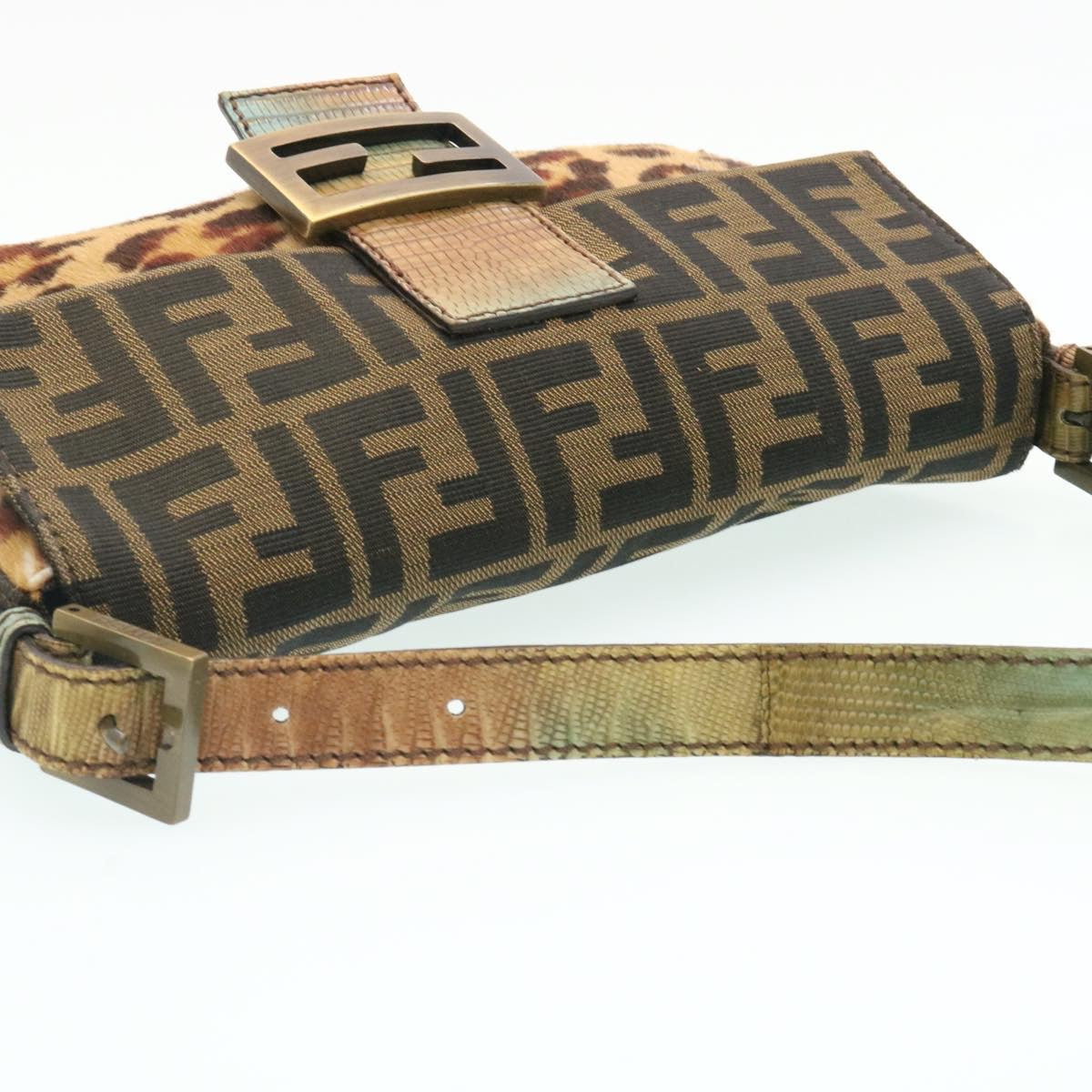 FENDI Zucca Canvas Leopard Mamma Baguette Shoulder Bag Brown Black am1632gA