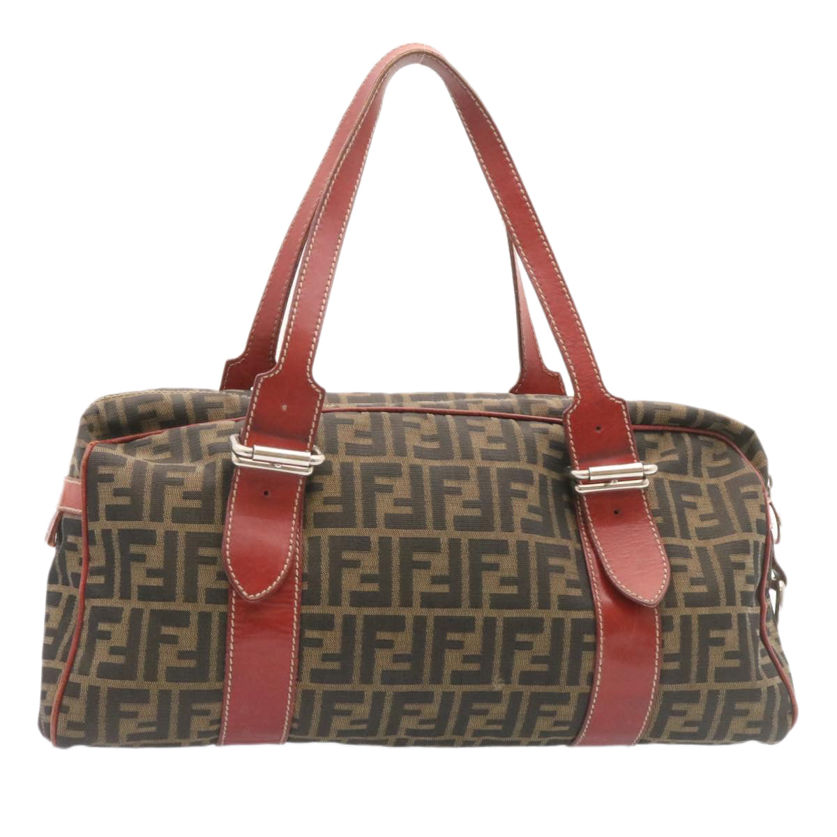 FENDI Zucca Canvas Boston Bag Brown Red Auth am1732g