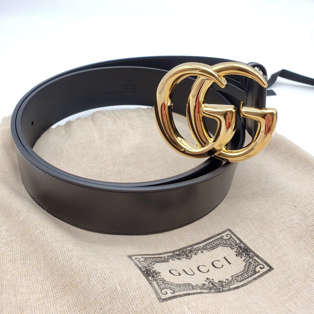 Gucci GG Marmont Leather Black Belt with Shiny Gold Buckle New