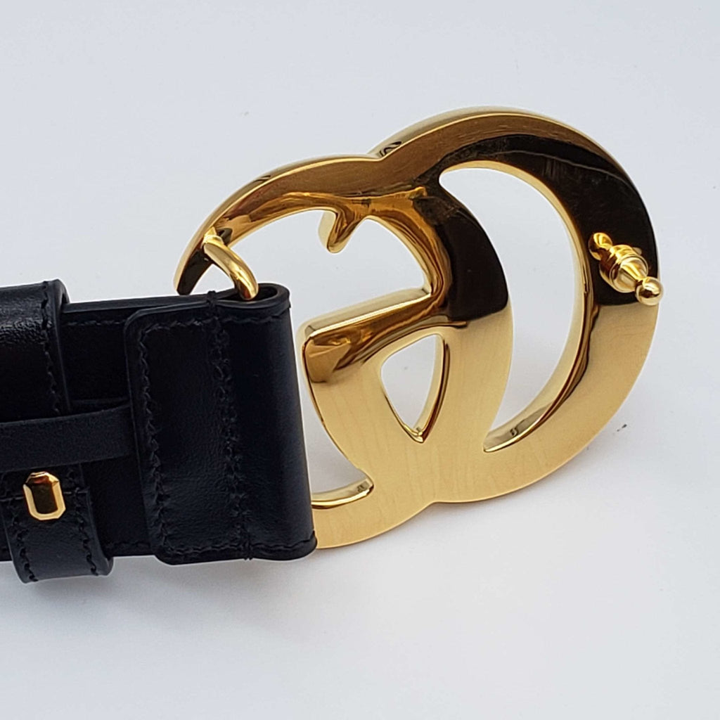Gucci GG Marmont Leather Black Belt with Shiny Gold Buckle New