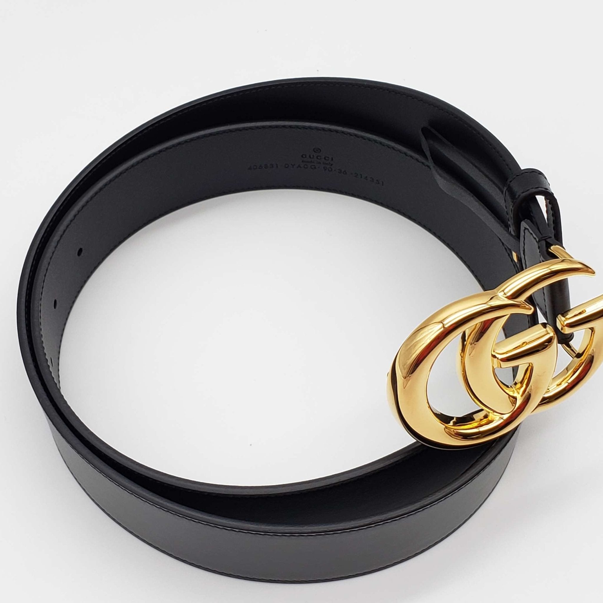 Gucci GG Marmont Leather Black Belt with Shiny Gold Buckle New