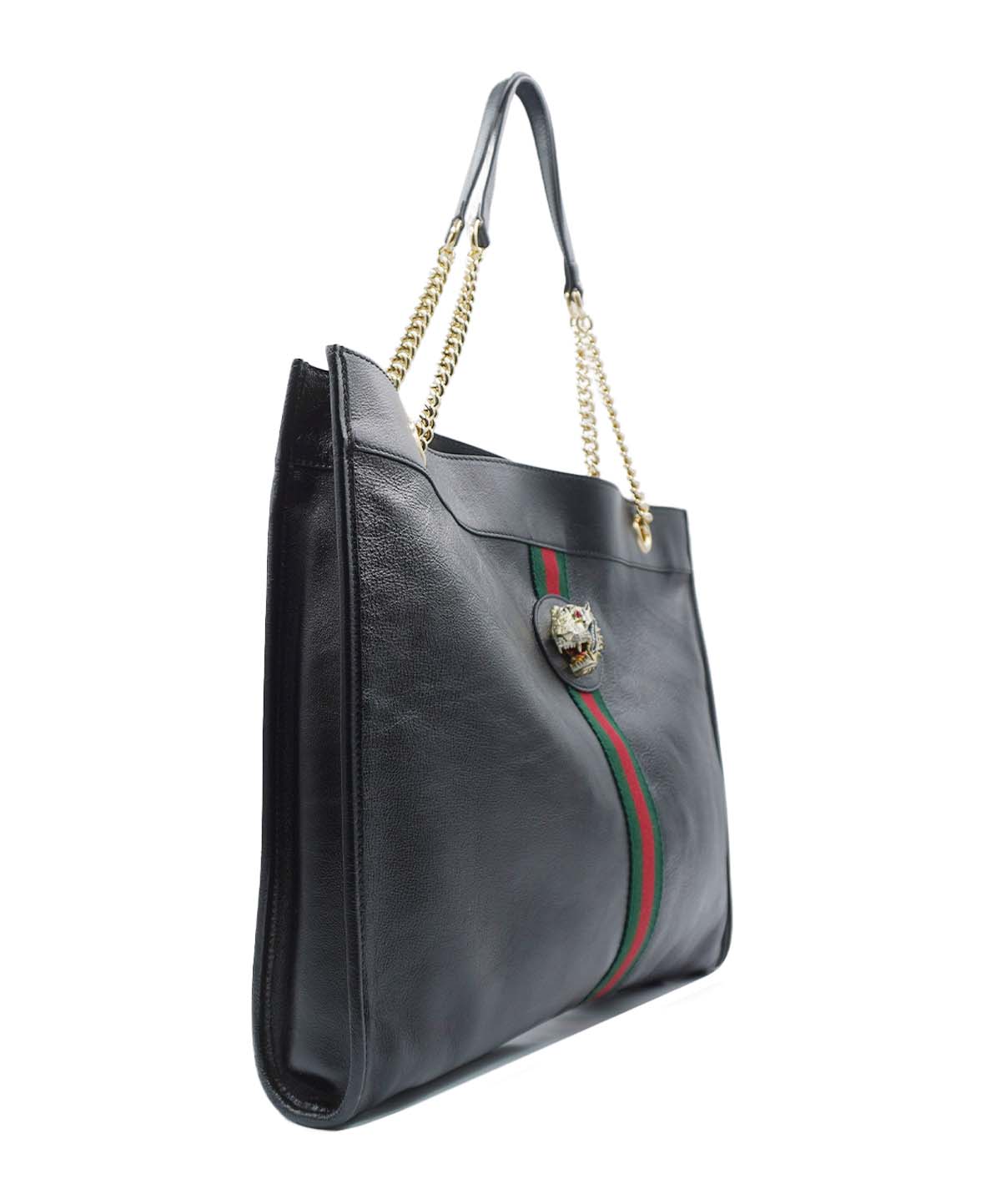 Maxi Rajah Chain Tote Leather Bag Black