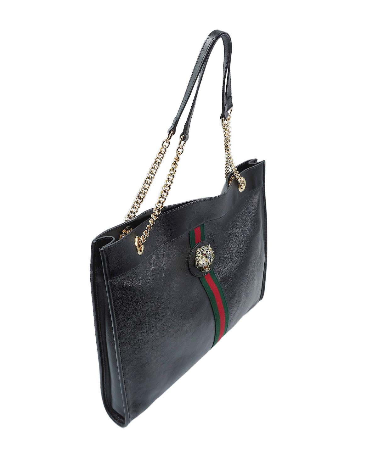 Maxi Rajah Chain Tote Leather Bag Black