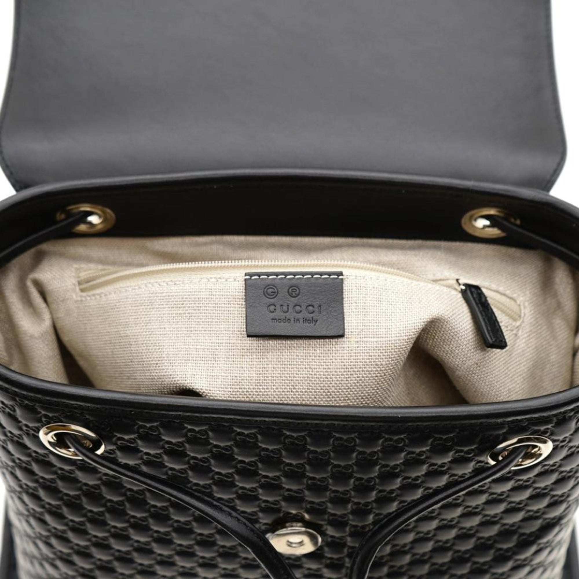 Gucci Microguccisima Black Leather Drawstring Backpack