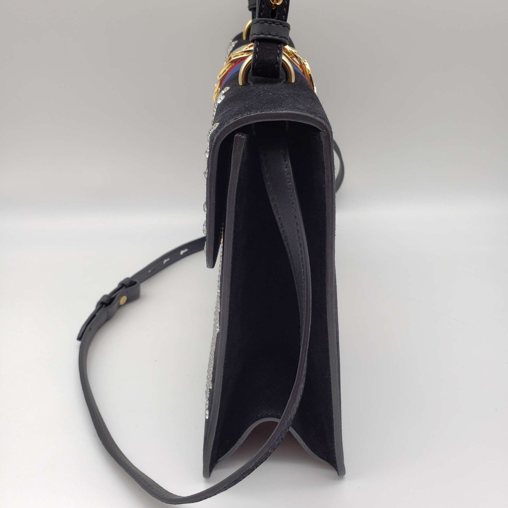Gucci Sylvie Black Satin and Crystal Vintage Web Shoulder Bag