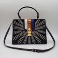 Gucci Sylvie Black Satin and Crystal Vintage Web Shoulder Bag