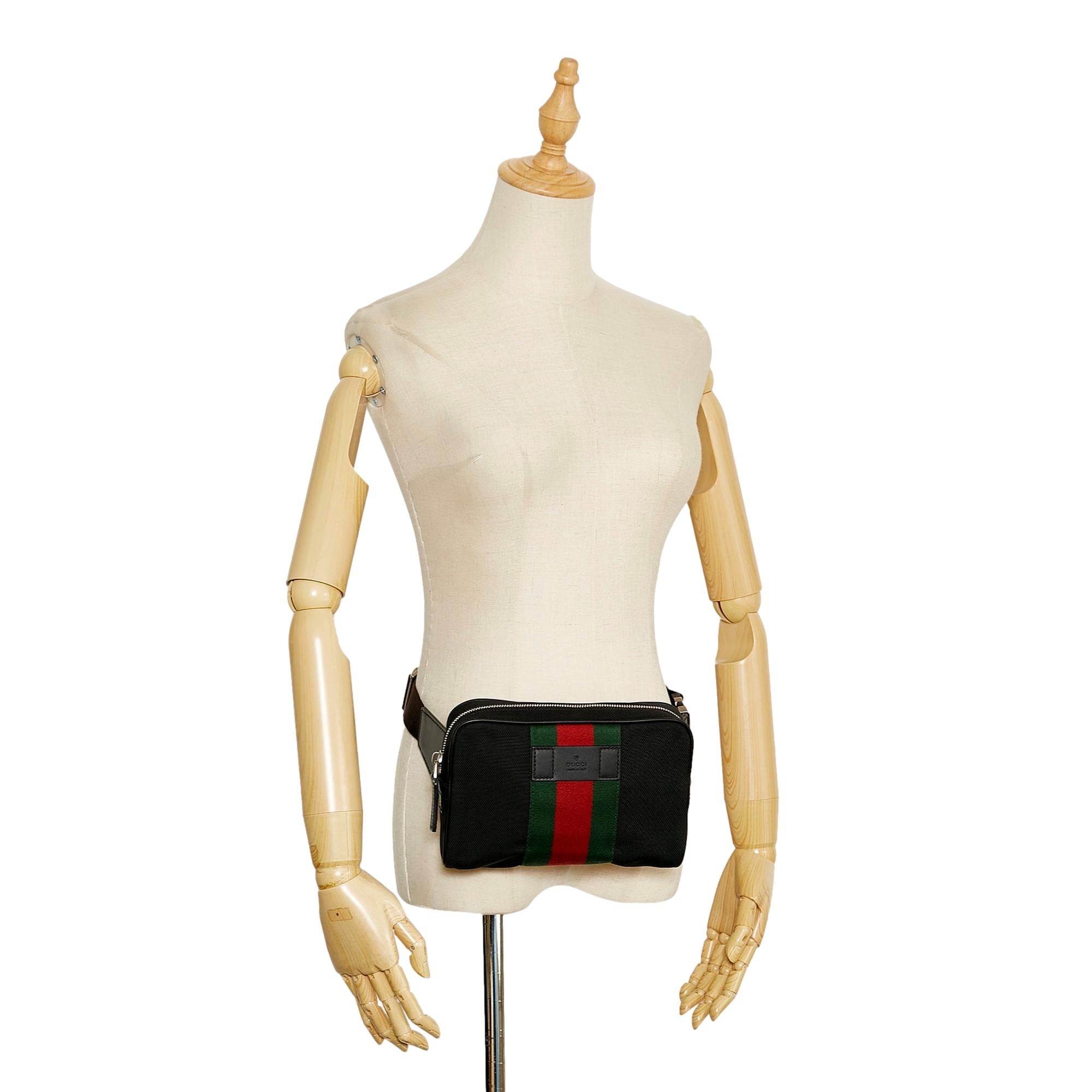 Gucci Techno Web Stripe Black Canvas Leather Trim Waist Belt Bag