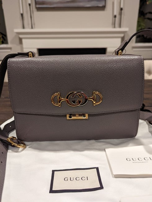Gucci Women Zumi Grey Textured Leather Shoulder Bag