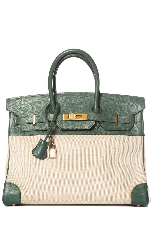 HermÃƒÆ’Ã‚Â¨s Birkin Leather & Toile 35cm Green Tote