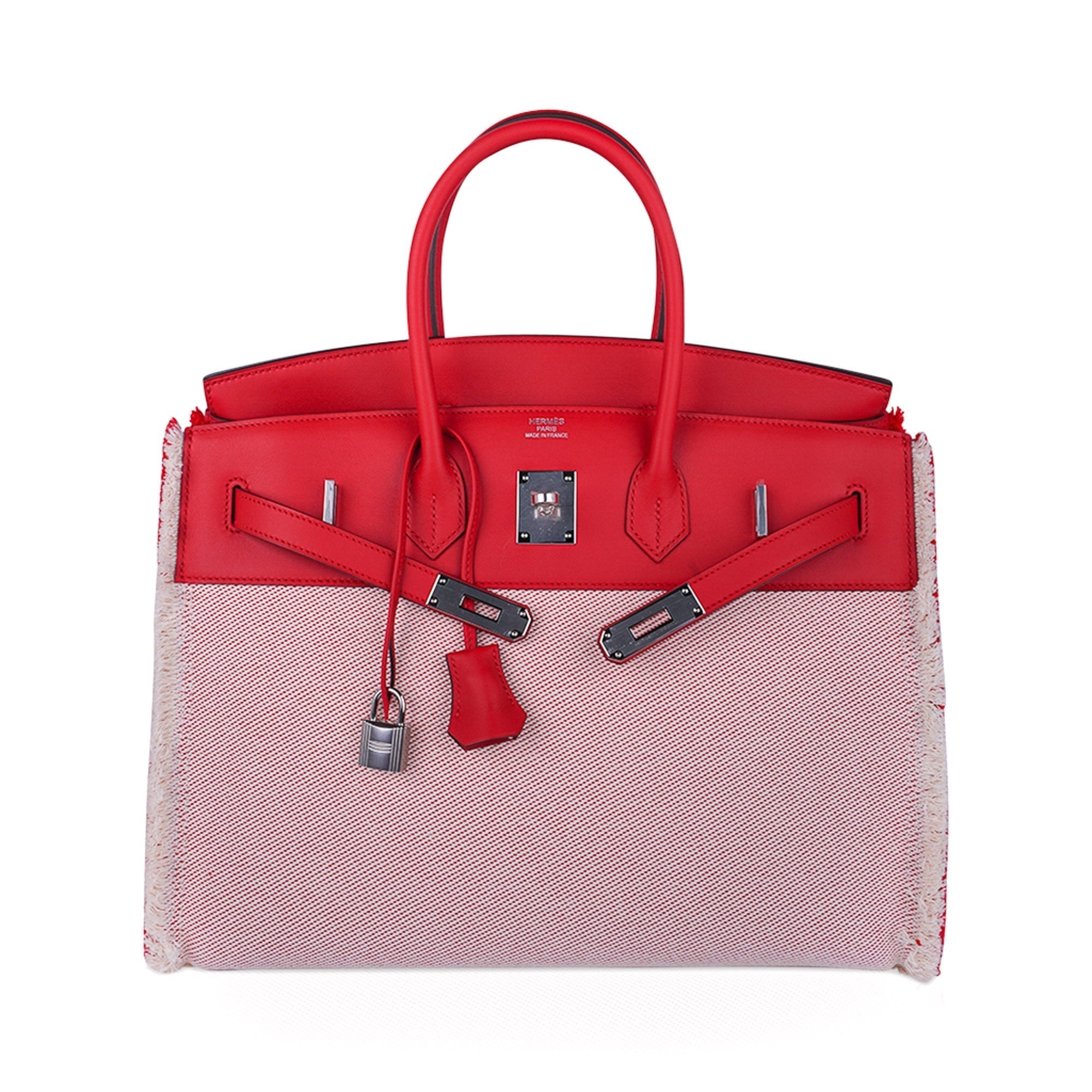 Hermes Limited Edition Birkin 35 Bag Fray Fray Framboise Toile & Swift Leather with Palladium Hardware