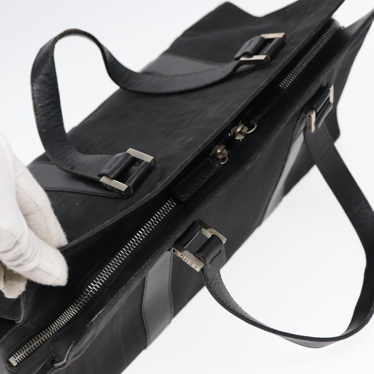 FENDI Zucca Canvas Hand Bag Black Silver hk1588